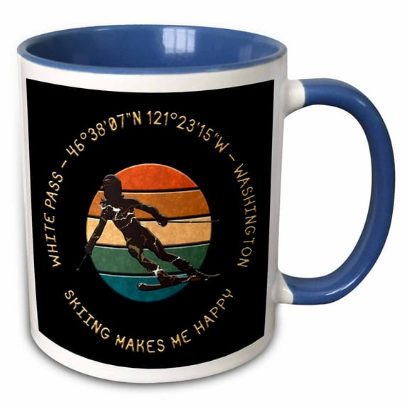 3drose, White Pass, Washington. Woman Skier. Yellow, Black. Downhill Skiing, 11oz Two-tone Blue Mug