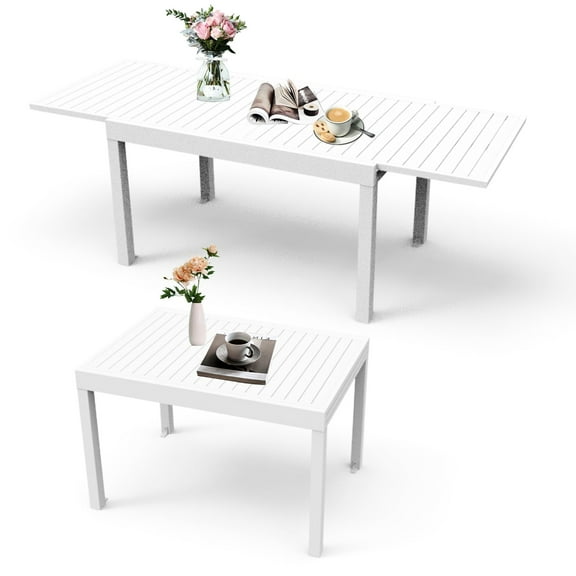 White Patio Extendable Table, 35"-71", Aluminum, , 4-6 Person, Weather & Corrosion , Fine Craftsmanship Table 35"-71" Extendable, Aluminum With E-coating, Person Capacity, Robust