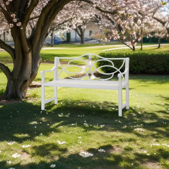 White Patio Sitting Bench - Metal Frame With Back And Arm Supports, , Rust-, , Fits 2-3, Easy Assembly Garden Seat Armrest, Seats Simple