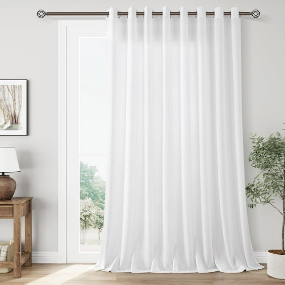 White Patio Sliding Door Curtains, 100"W x 90"L, Light Filtering Semi Sheer Cotton Textured Extra Wide Drapes for Coastal Beach Decor