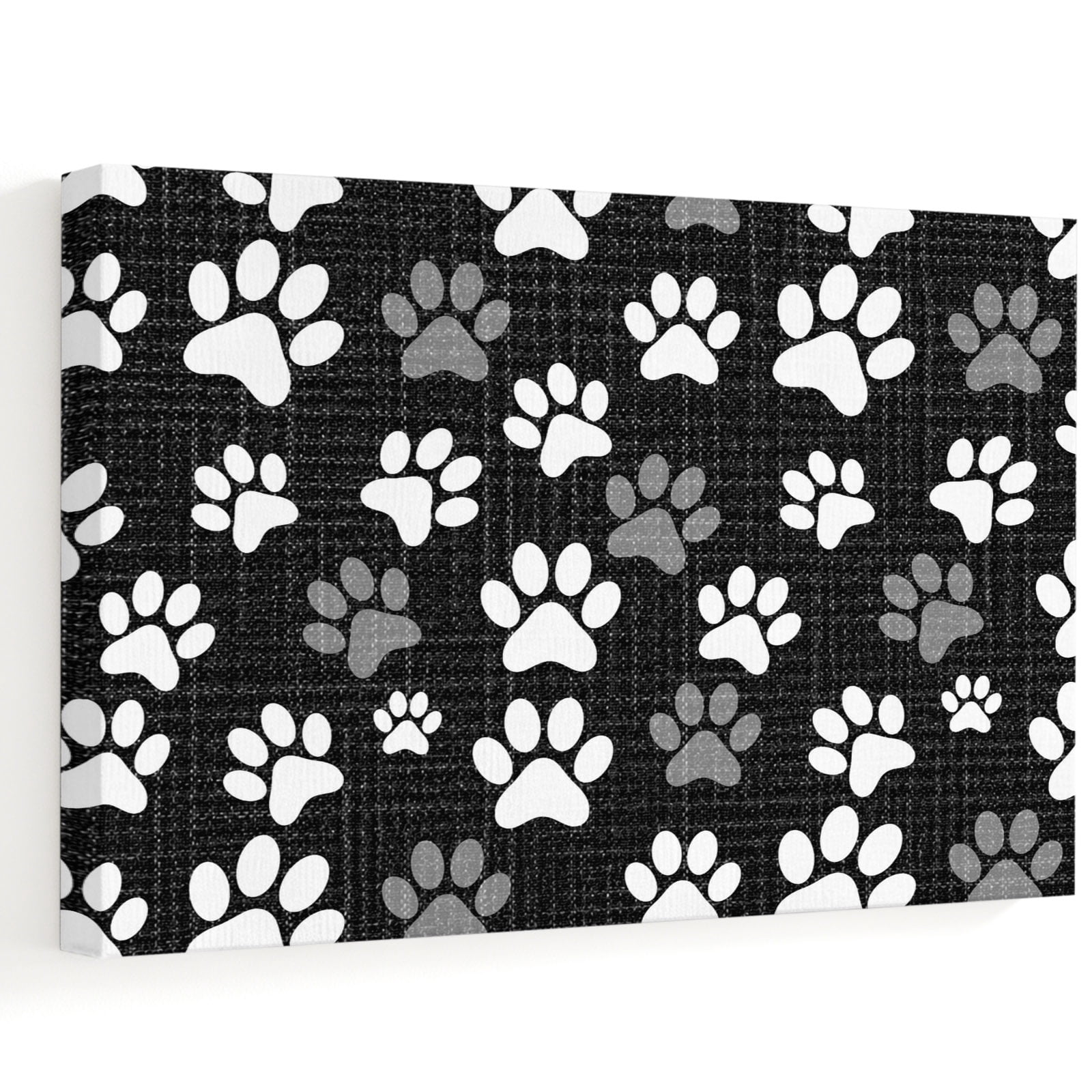 White Paw Prints Canvas Wall Art, Black Gray Linen Texture Background ...