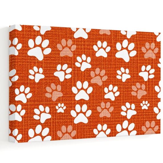 White Paw Prints Canvas Wall Art, Orange Linen Texture Background Paw ...