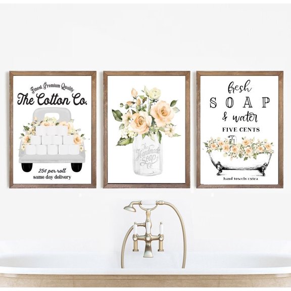 White Peach Floral Bathroom Wall Art Cotton Co Bathroom Wall Decor, Farmhouse Bathroom Decor Poster Printed Poster, Stretched Canvas