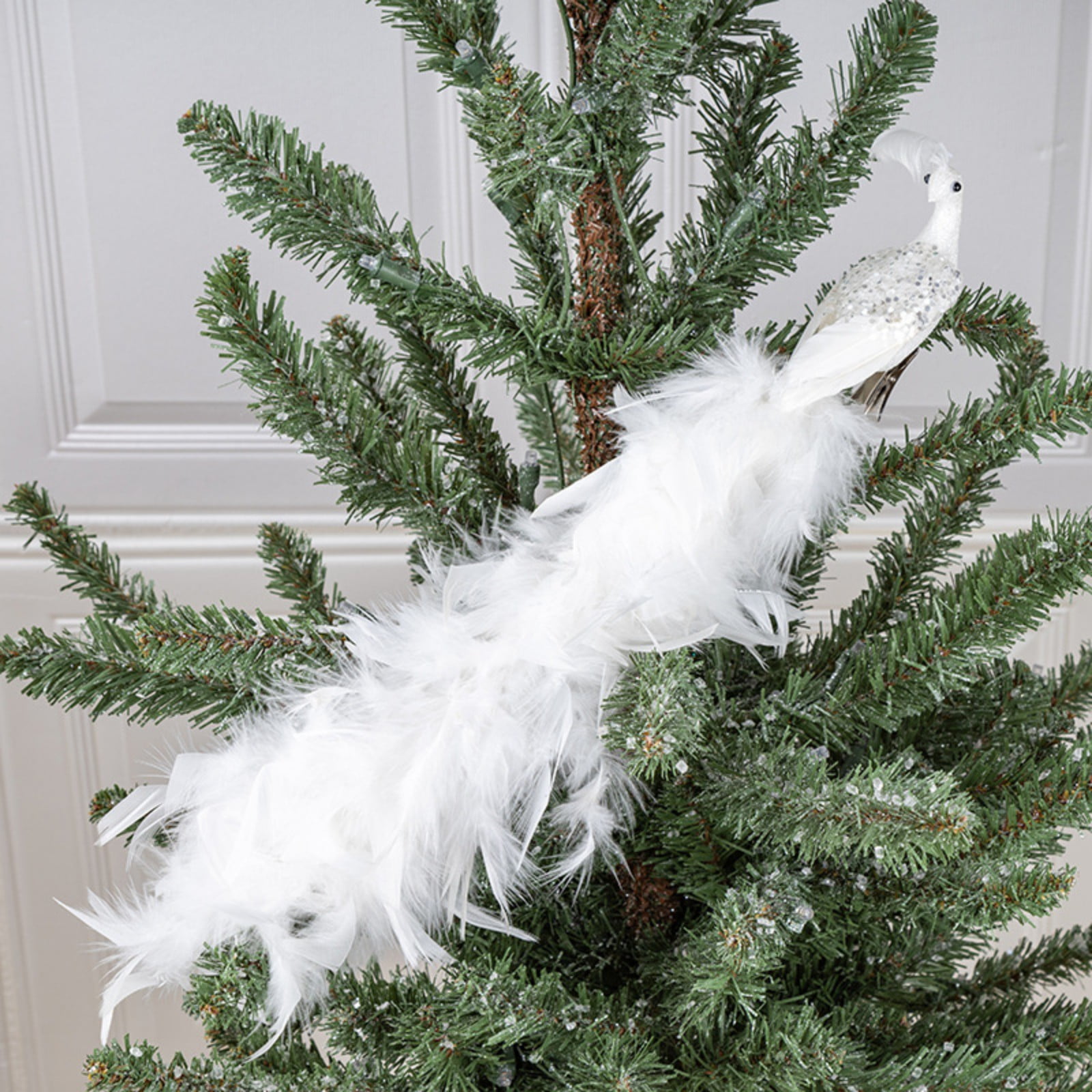 White Peacock Christmas Ornaments, 15.7" Long Tail Feather Peacock Clip