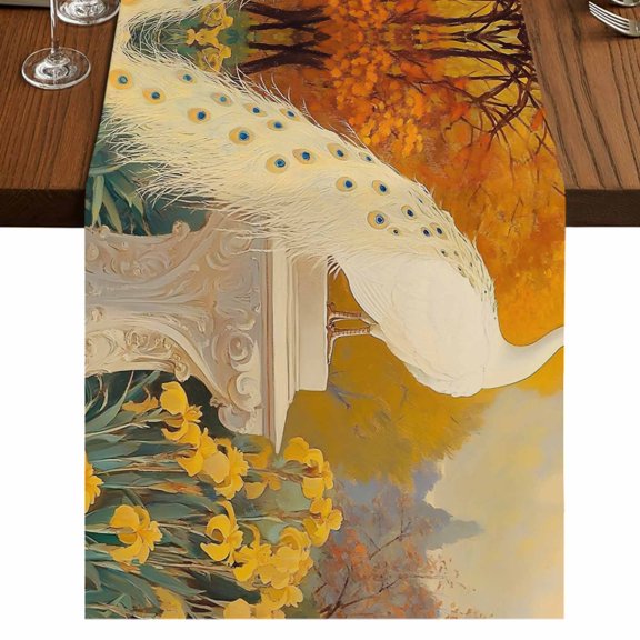 White Peacock Elegant 48 Inch Table Runner, Vintage Garden Floral Botanical Farmhouse Dresser Scarf Cotton & Linen Tablerunner for Dining/Kitchen Island/Holiday Party Décor 13" x 48"