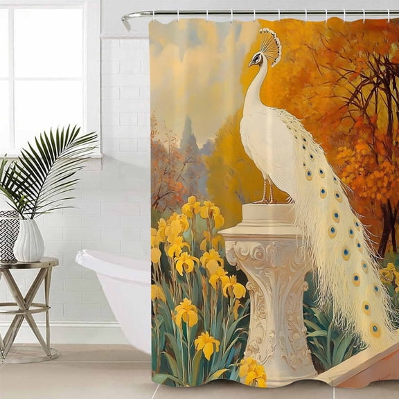 White Peacock Elegant Standard Shower Curtain Set, Waterproof Shower Curtains for Bathroom, Vintage Garden Floral Botanical Washable Fabric Cloth Bath Curtain for Bathtub with Hooks 72x72 Inches