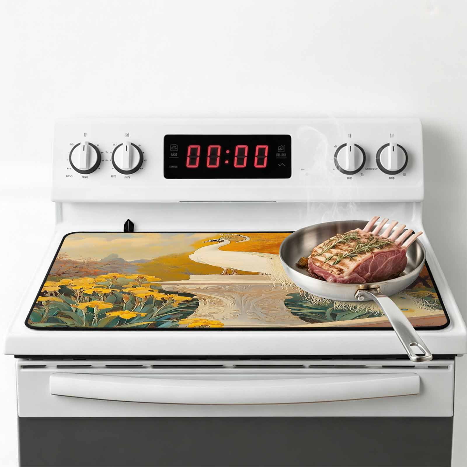 White Peacock Elegant Stove Top Cover for Electric Stove, Heat-proof & Non Slip Glass Top Stove Cover Protector, Vintage Garden Floral Botanical Kitchen Flat Cooktop Rubber Mat 24x21 Inches