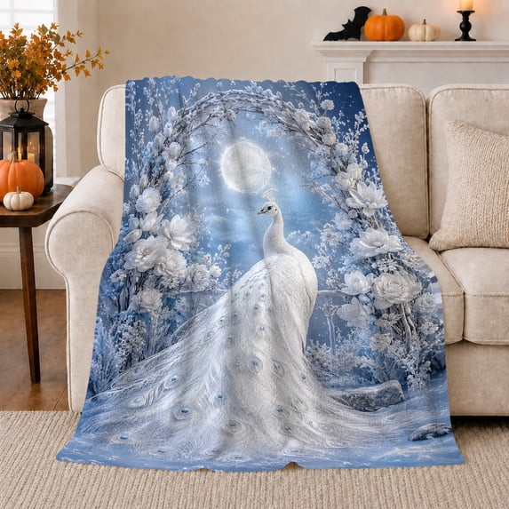 White Peacock Moonlit Snow Garden and Floral Arch Art, Soft Flannel Blanket, Home Decor for Peacock Lovers, Bedroom and Reading Nook, Christmas Gift, Winter Fantasy Pattern