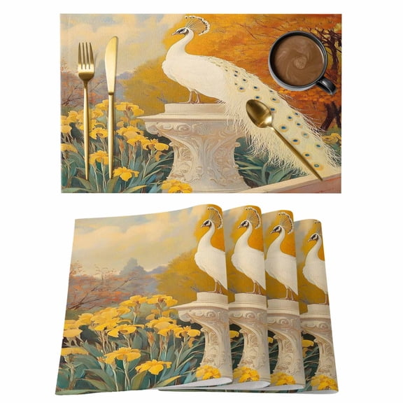 White Peacock Placemats Set of 1, Vintage Floral Non-Slip Place Mats Washable Table Mats for Kitchen Dining Table Decorations Indoor/Outdoor