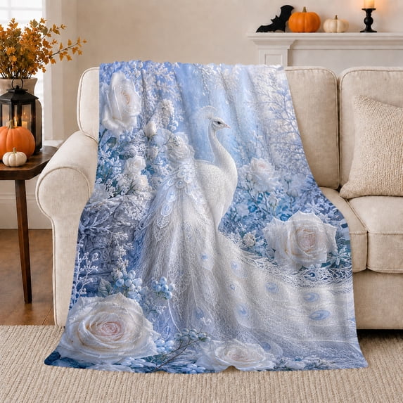White Peacock Rose Snow Garden and Blue Berry Art, Soft Flannel Blanket, Home Decor for Peacock Lovers, Bedroom and Lounge, Christmas Gift, Elegant Winter Pattern