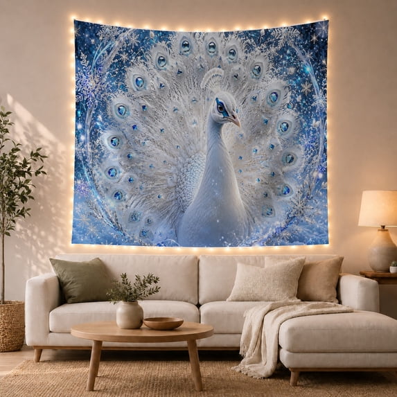 White Peacock with Snowflakes Against Dark Blue Sky, Majestic Fantasy for Nature Enthusiasts, Winter Wildlife Wall Art, Christmas Gift, Tapestry Wall Hanging for Bedroom and Living Room