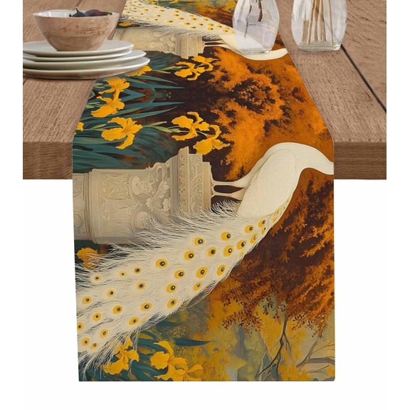 White Peacock Table Runner 48 Inches, Retro Garden Botanical Floral Bed Runner Dresser Scarves Tabletop for Indoor Outdoor Parties/Ceremony/Banquet, 13" x 48"