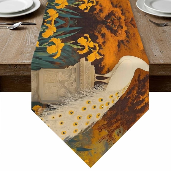 White Peacock Table Runner Linen Burlap Table Runner 36 Inches Small Retro Garden Botanical Floral Dresser Scarves for Kitchen Island Coffee Dining Room Party Wedding Banquet Holiday Decor 13"x36"