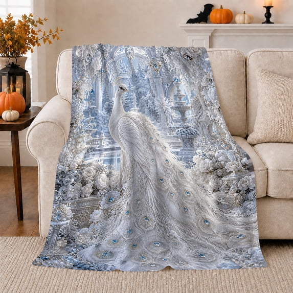 White Peacock Winter Palace Roses and Blue Crystal Art, Soft Flannel Blanket, Home Decor for Peacock Lovers, Bedroom and Lounge, Christmas Gift, Elegant Ice Garden Pattern