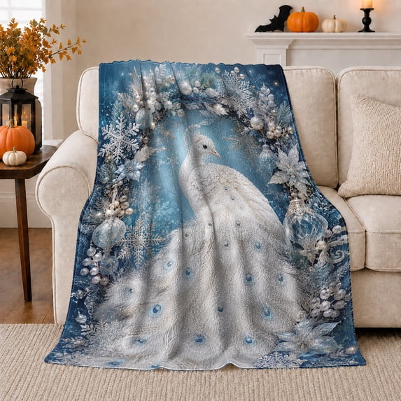 White Peacock Winter Wreath Snowflake and Ornament Art, Cozy Flannel Blanket, Home Decor for Peacock Lovers, Bedroom and Reading Nook, Christmas Gift, Silver Holiday Pattern