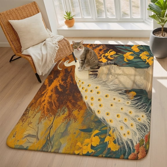 White Peacock Yellow Flowers Area Rugs for Living Room 5x6, Forest Leaves White Peacock Washable Area Rug with Non Slip Backing, Stain Resist Linen Carpet for Bedroom, Dining Room, Entryway, Entrance
