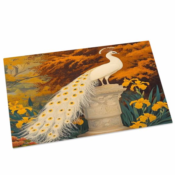 White Peacock Yellow Flowers Door Mat 16x24 Inch Forest Leaves White Peacock Entryway Rug with Non-Slip Rubber, Front Door Rug Indoor Floor Mats for Living Room Bathroom Bedroom Home Office