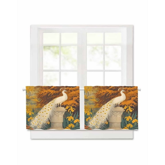 White Peacock Yellow Flowers Short Blackout Curtains 30 Inch Long Forest Leaves White Peacock Rod Pocket Kitchen Curtains, 2 Panels Thermal Insulated Room Darkening Drapes for Bedroom, 42"W x 30"L