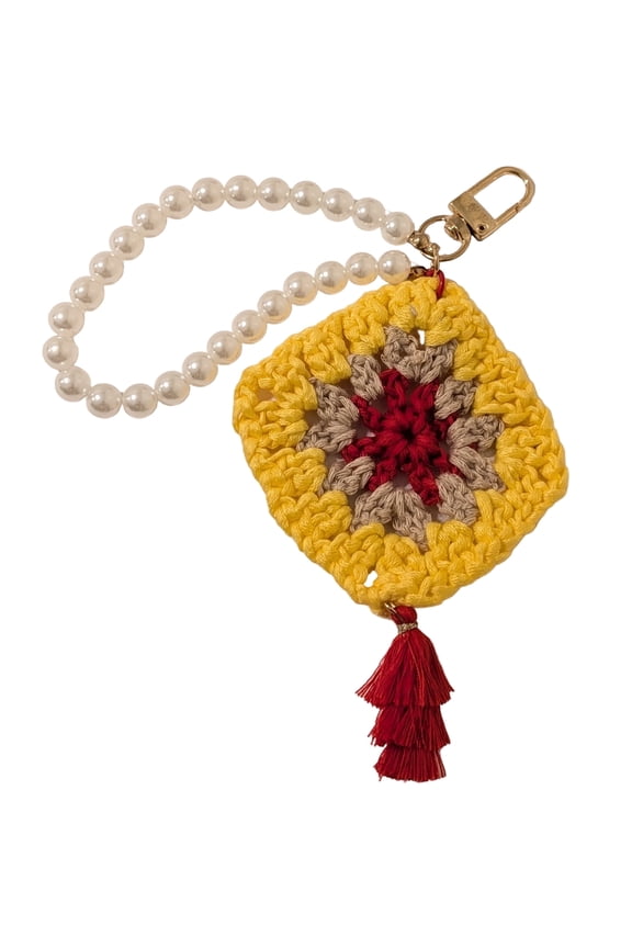 Pearl Bracelet with Yellow Crochet Flower and Red Tassel Keychain, Phone, and Bag Accessory