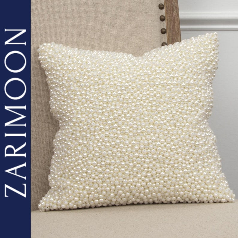 White Pearl Beaded Throw Pillow Cover Decorative accent designer