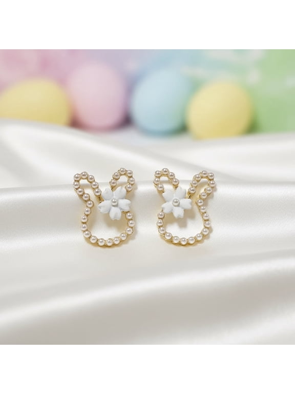 White Bunny Blossom Stud Earrings for Women, Floral Easter Spring Earrings