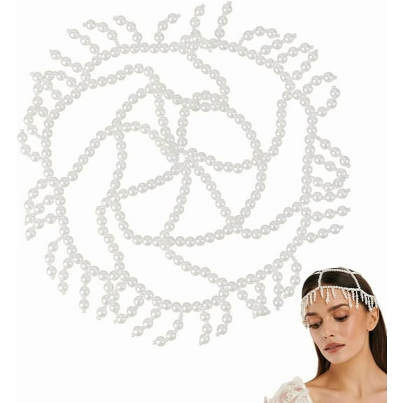 White Pearl Cap Headpiece 1920s Flapper Head Chain Beads Tassel Mesh Forehead Chain Bridal Hair Jewelry Accessories
