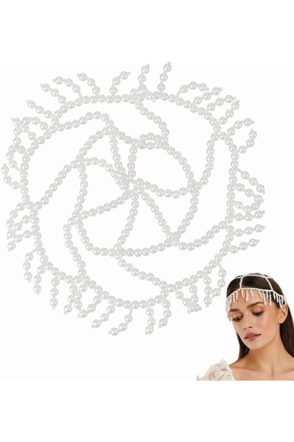 White Pearl Cap Headpiece 1920s Flapper Head Chain Beads Tassel Mesh Forehead Chain Bridal Hair Jewelry Accessories
