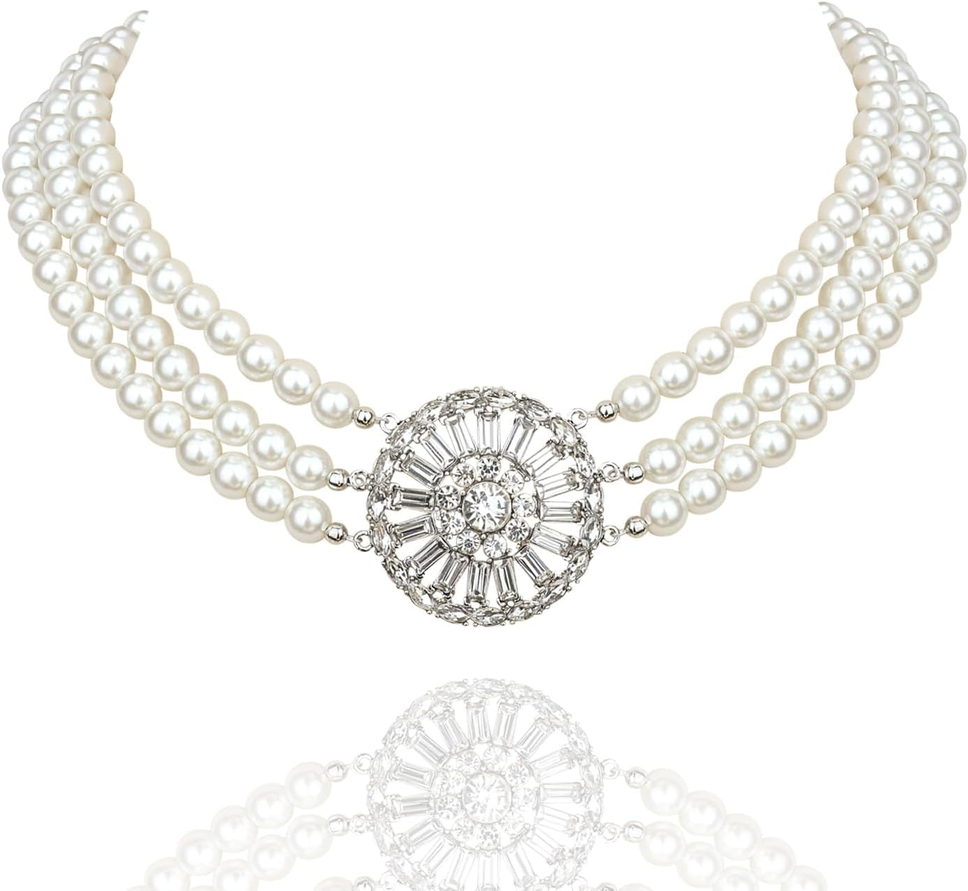 Wiwpar Sparkly Rhinestone Pearl Choker Necklace - 3 Strand Flapper Gatsby Party Costume Accessory