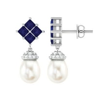 White Pearl Drop Earrings for Women with Created Sapphire and Moissanite, 925 Sterling Silver
