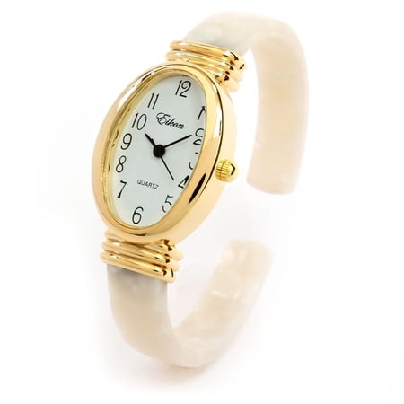 White Pearlescent Gold Acrylic Band Oval Face Women's Eikon Bangle Cuff Watch with Quartz Movement