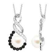 White Pearl Infinity Pendant with Lab Grown Black Diamond and Moissanite, AAA Grade, 925 Sterling Silver