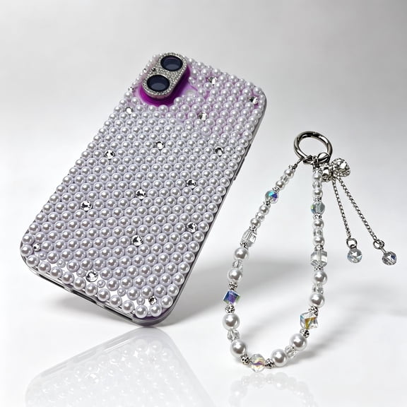 Kimify Pearl Phone Case For iPhone 17, Clear Case With Wrist Strap, Bling Rhinestone 3D Pearl Cover ,Chain Lanyard, Gift Box Packaging White