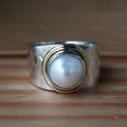 thumbnail image 1 of White Pearl Ring, 925 Silver Ring, Wide Band Ring, Boho Statement Ring, Handmade Jewelry, Minimalist Ring, Cocktail Ring, Classical Jewelry, 1 of 7