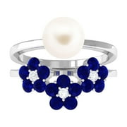 ARISHA JEWELS White Pearl Ring Floral Set for Women with Created Sapphire and Moissanite, 925 Sterling Silver, US 4.00