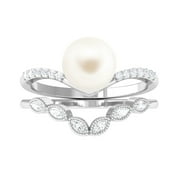 ARISHA JEWELS White Pearl Ring Set for Women with Diamond, Vintage Style Bridal Ring Set, 925 Sterling Silver, US 4.00