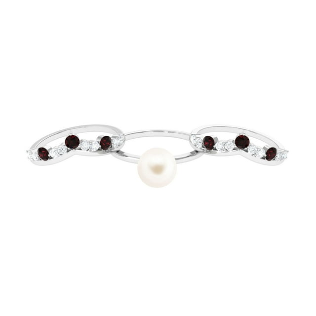 White Pearl Ring Set with Garnet and Diamond, Bridal Ring Set, AAA ...