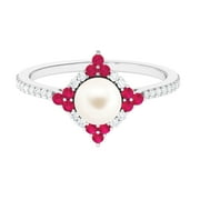 ARISHA JEWELS White Pearl Ring with Created Ruby and Moissanite Halo, AAA Quality, 925 Sterling Silver, US 4.00