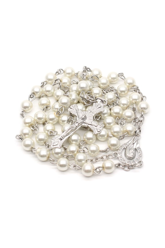 White Pearl-Rosary Beads Catholic Necklace Holy Medal-Cross-Christian Long Chain Necklace for Women and Men Jewelry