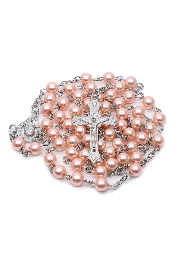 White Pearl-Rosary Beads Catholic Necklace Holy Medal-Cross-Christian Long Chain Necklace for Women and Men Jewelry