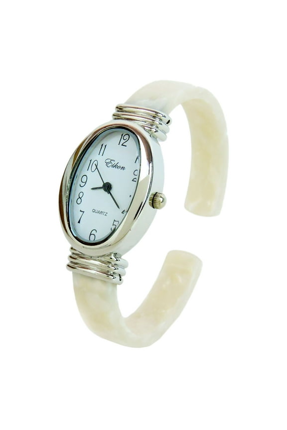 White Pearl Silver Acrylic Band Oval Face Women's Bangle Cuff Watch