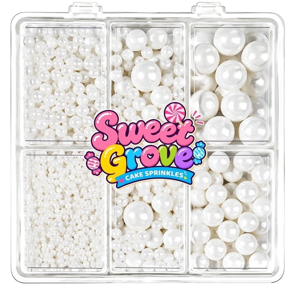 Sweetgrove White Pearl Sprinkles for Cake Decorating, 4 Sizes Edible Sugar Pearls with 5 Separated Storage Box, Dessert Toppers for Wedding & Baby Shower, Cookies, Donuts, Ice Cream, 4.6oz