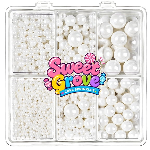 White Pearl Sprinkles for Cake Decorating, 4 Sizes Edible Sugar Pearls with 5 Separated Storage Box, Dessert Toppers for Wedding & Baby Shower, Cookies, Donuts, Macarons, Ice Cream, 4.6oz