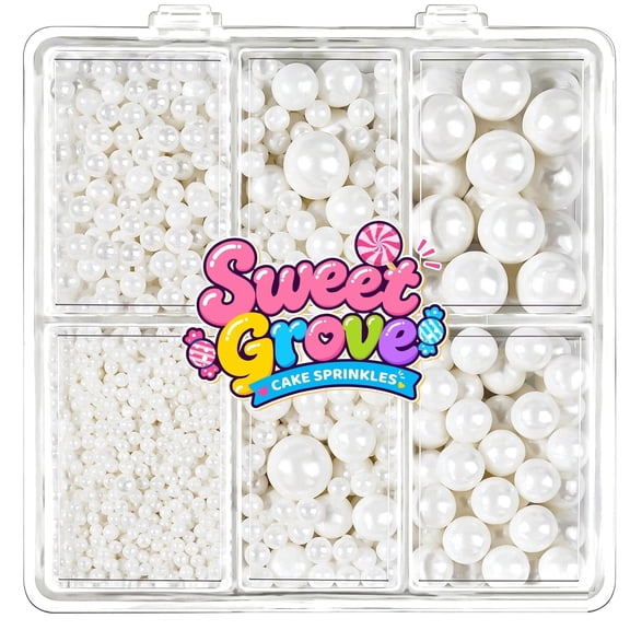 Sweetgrove White Pearl Sprinkles for Cake Decorating, 4 Sizes Edible Sugar Pearls with 5 Separated Storage Box, Dessert Toppers for Wedding & Baby Shower, Cookies, Donuts, Ice Cream, 4.6oz