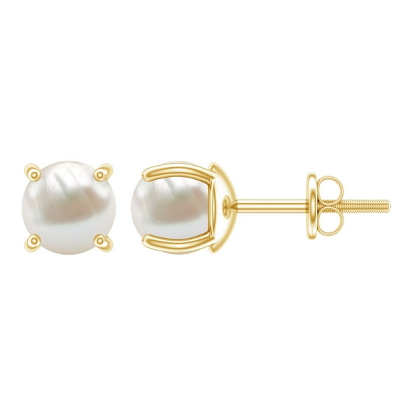 Rosec Jewels White Pearl Stud Earrings for Mom - Solitaire Earrings for Women - 6 mm, 14K Yellow Gold