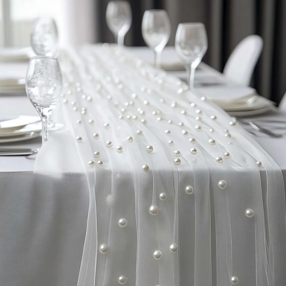 White Pearl Table Runner 10ft Boho Tulle Lace Table Runners Long Rustic Sheer Lace Fabric Wedding Tables Runners, Spring Summer Dining Tables Cover for Wedding Party Birthday Home Decor
