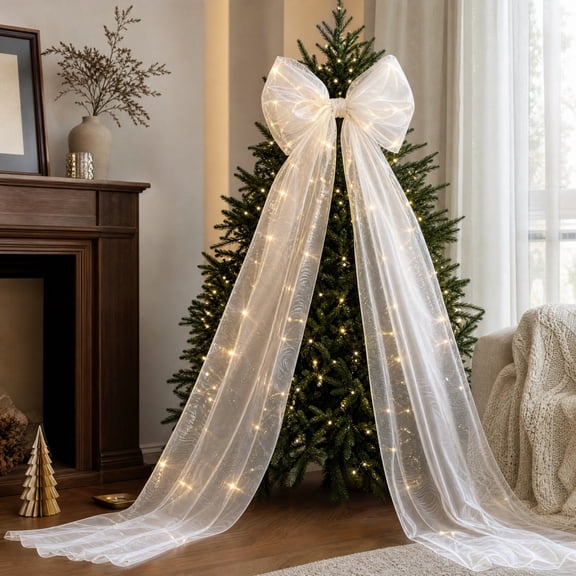 White Pearlescent Mesh Christmas Tree Topper Bow, Large Sheer Organza Bow with Long Flowing Streamers, 100% Polyester Christmas Tree Top Decoration