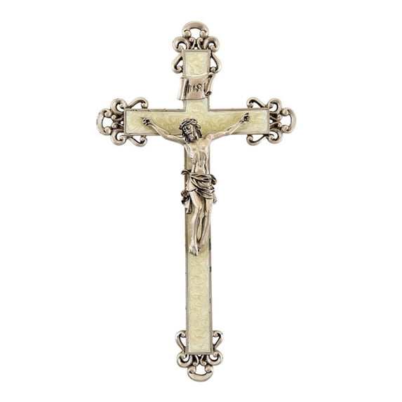 Creative Brands Epoxy Floral Cross Crucifix with Pewter Christ Corpus, 10 Inch, White Pearlized