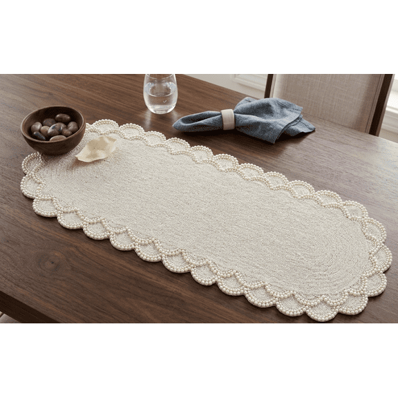 White Pearls And Beads Table Runner, Handmade Beaded Table Runner, Wedding Table Runner, Luxury Table Runner 13X36 Inches