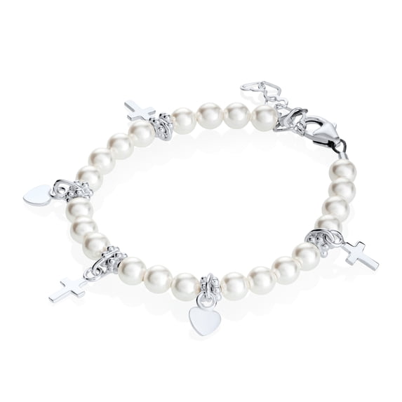 White Pearls with Sterling Silver Cross and Heart Charms Bracelet