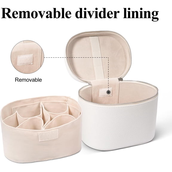 White Pebbled PU Leather Travel Makeup Bag for Women, Cosmetic Train Case with Removable Adjustable Divider, Handheld Toiletry Organizer Storage Case for Home Travel Gifting Bathroom Vanity Use